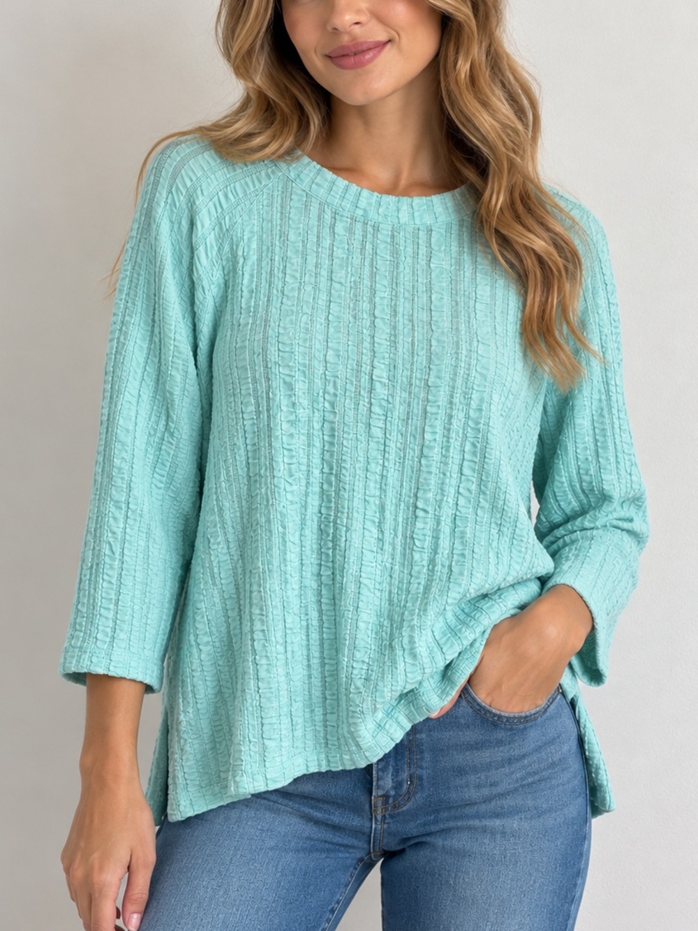 Soft Surroundings Aqua Textured uuuButton Front Tunic Top M Crinkle Knit Boho